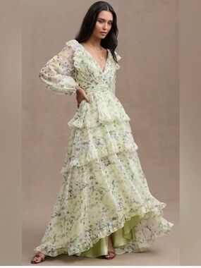 Mac Duggal Pale Green Floral V-Neck Tiered Maxi Dress